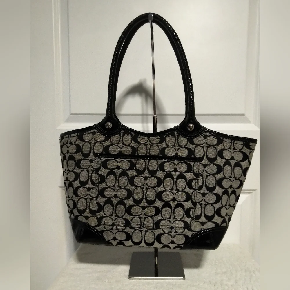 Authentic Coach Bleecker Signature Canvas Black Patent Leather Tote Bag 12564
